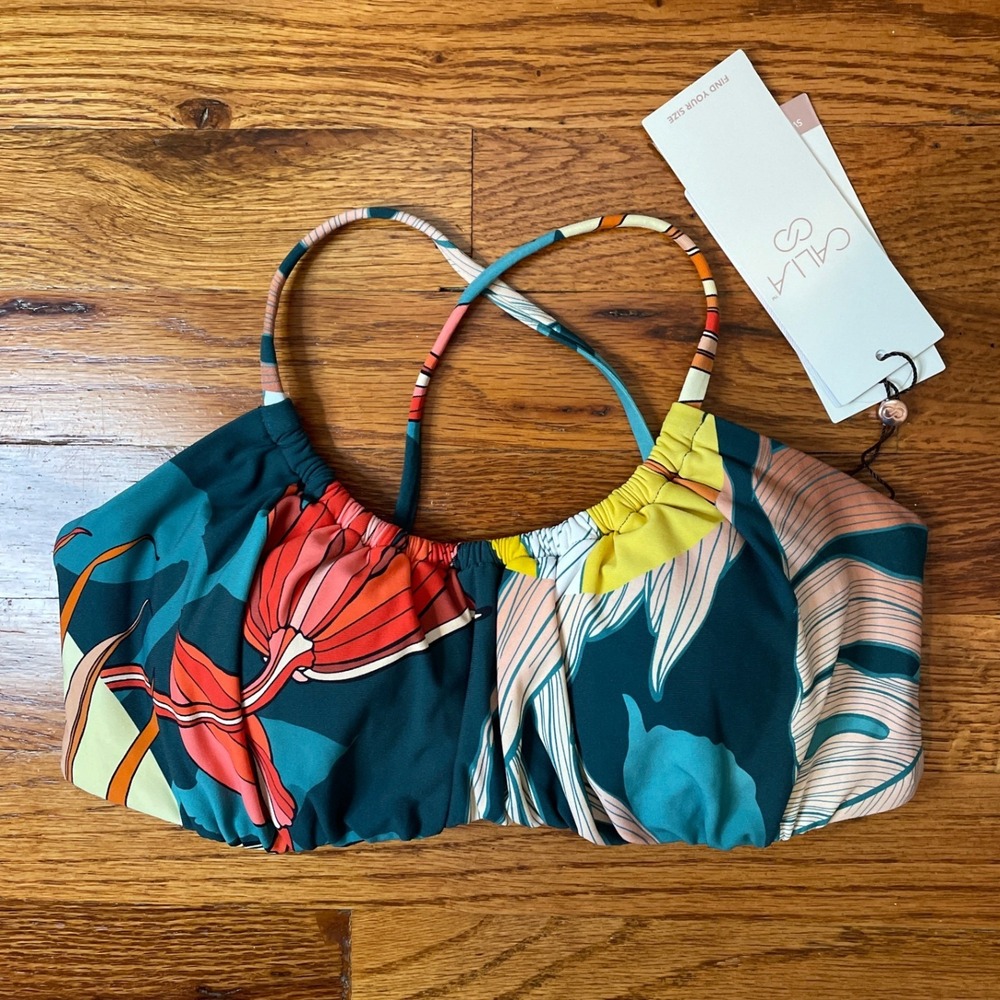 CALIA Scrunched Tie Back Bikini Top Women's S Green Floral Botanical Print‎ NEW